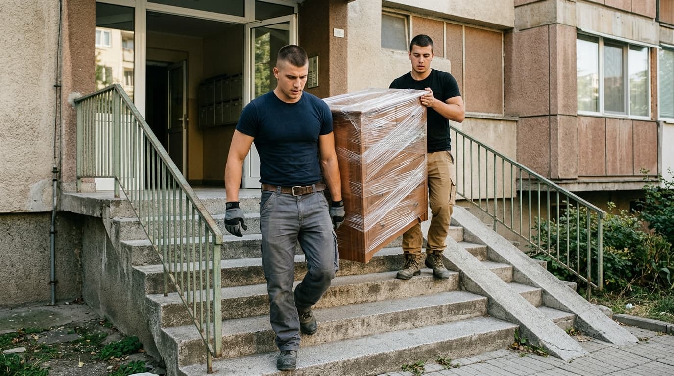 Двама от младите хамали свалят опакован шкаф по стълби
